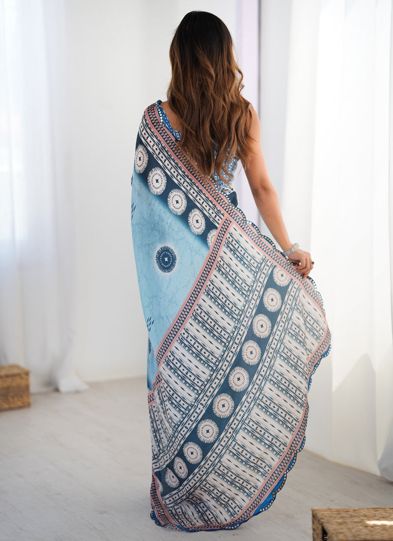Vegaa Fashion Sky Blue Chinon Silk Print Work With Mirror Work Border Designer Saree | Grocsy