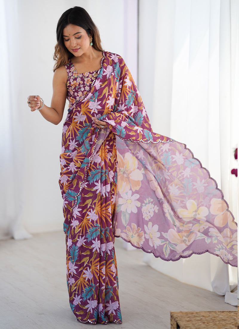 Vegaa Fashion Wine Chinon Silk Print Work With Mirror Work Border Designer Saree | Grocsy