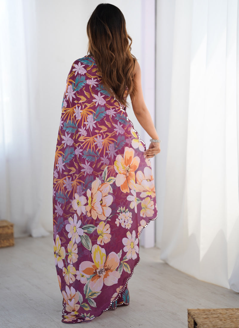 Vegaa Fashion Wine Chinon Silk Print Work With Mirror Work Border Designer Saree | Grocsy