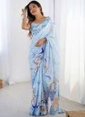 Vegaa Fashion Sky Blue Chinon Silk Print Work With Mirror Work Border Designer Saree | Grocsy