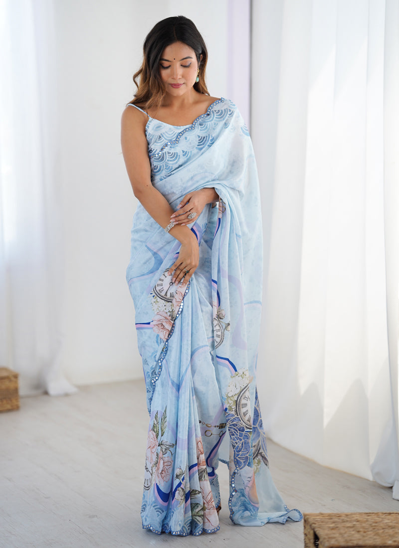 Vegaa Fashion Sky Blue Chinon Silk Print Work With Mirror Work Border Designer Saree | Grocsy