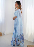 Vegaa Fashion Sky Blue Chinon Silk Print Work With Mirror Work Border Designer Saree | Grocsy