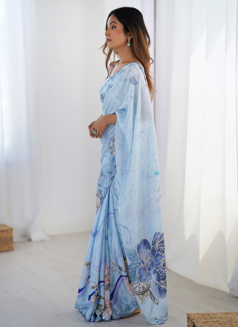 Vegaa Fashion Sky Blue Chinon Silk Print Work With Mirror Work Border Designer Saree | Grocsy