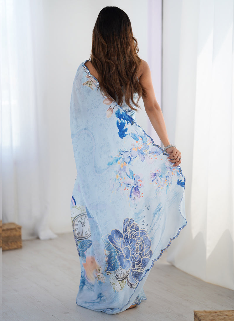 Vegaa Fashion Sky Blue Chinon Silk Print Work With Mirror Work Border Designer Saree | Grocsy