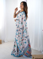 Vegaa Fashion Off White Sky Blue Chinon Silk Print Work With Mirror Work Border Designer Saree | Grocsy