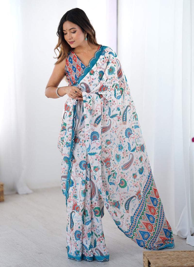 Vegaa Fashion Off White Sky Blue Chinon Silk Print Work With Mirror Work Border Designer Saree | Grocsy