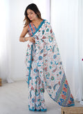 Vegaa Fashion Off White Sky Blue Chinon Silk Print Work With Mirror Work Border Designer Saree | Grocsy