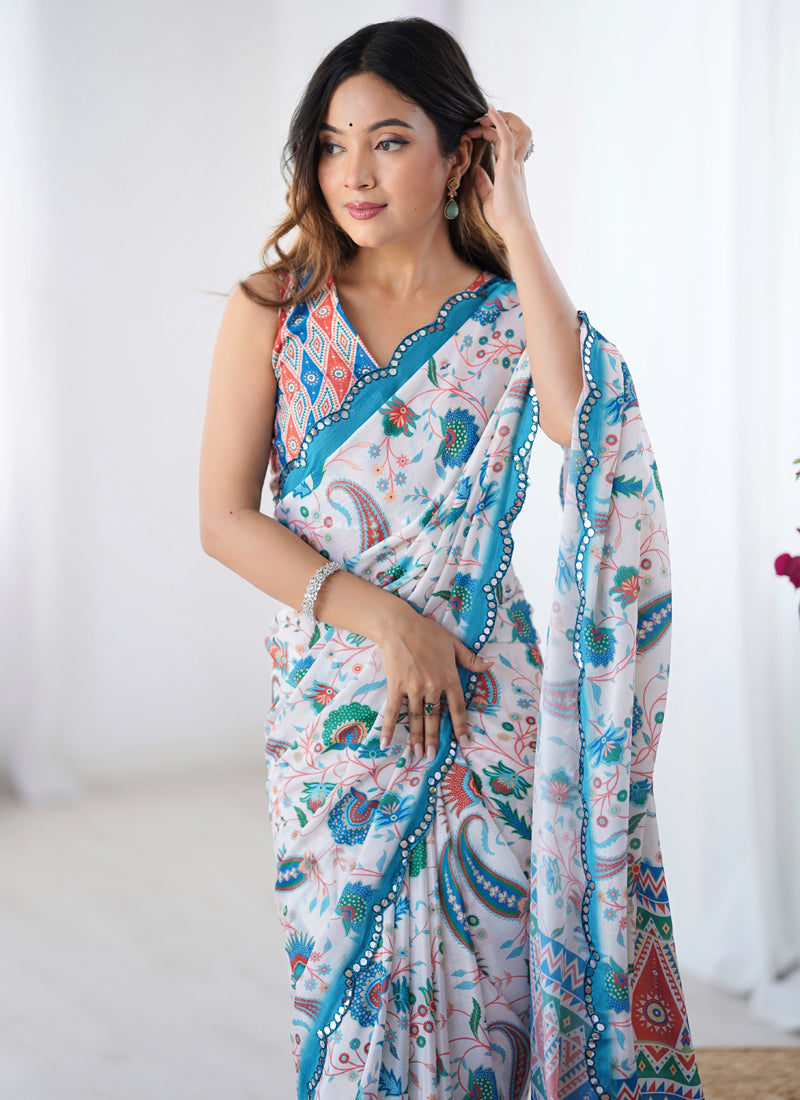 Vegaa Fashion Off White Sky Blue Chinon Silk Print Work With Mirror Work Border Designer Saree | Grocsy