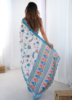Vegaa Fashion Off White Sky Blue Chinon Silk Print Work With Mirror Work Border Designer Saree | Grocsy