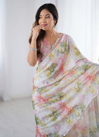 Vegaa Fashion Off White Sky Blue Chinon Silk Print Work With Mirror Work Border Designer Saree | Grocsy