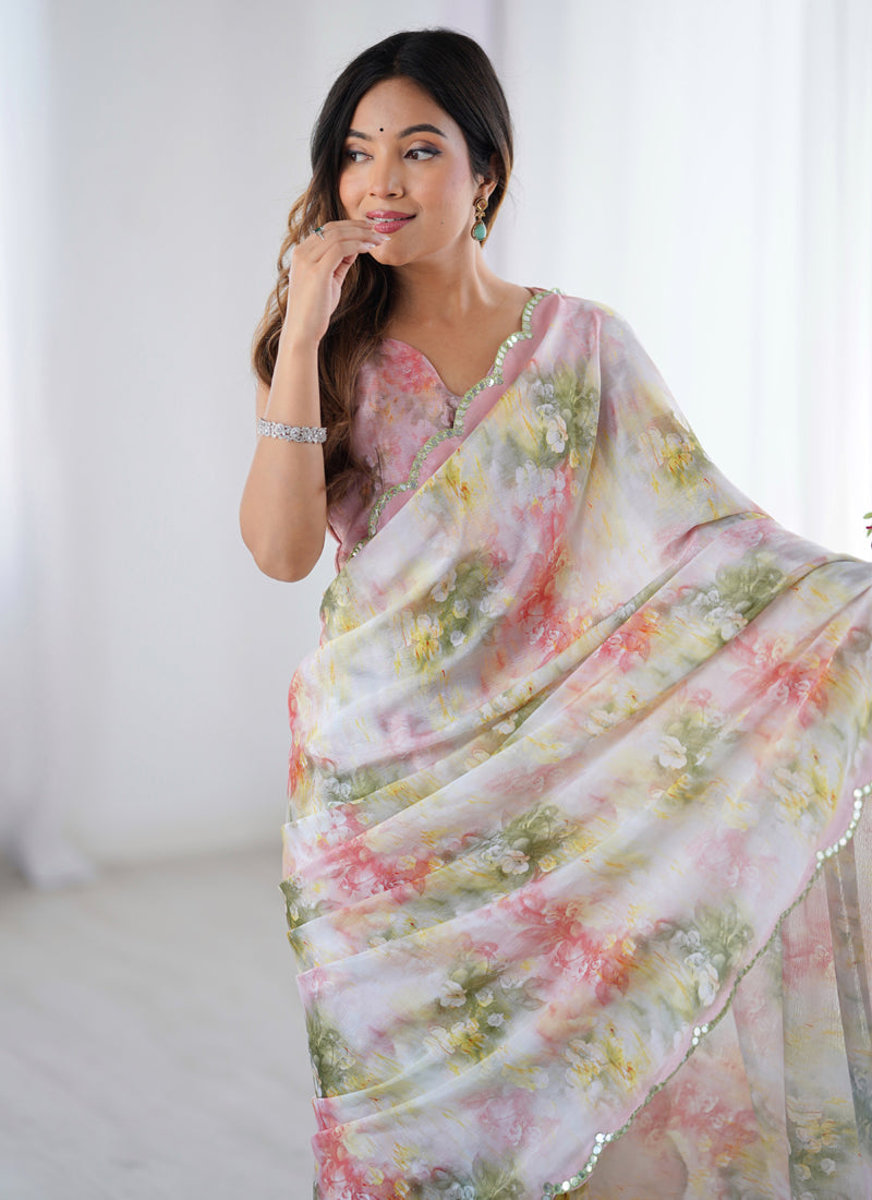 Vegaa Fashion Off White Sky Blue Chinon Silk Print Work With Mirror Work Border Designer Saree | Grocsy
