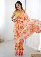 Vegaa Fashion Yellow Silk Print Work With Mirror Work Border Designer Saree | Grocsy