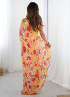 Vegaa Fashion Yellow Silk Print Work With Mirror Work Border Designer Saree | Grocsy