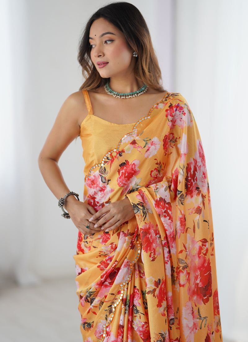 Vegaa Fashion Yellow Silk Print Work With Mirror Work Border Designer Saree | Grocsy