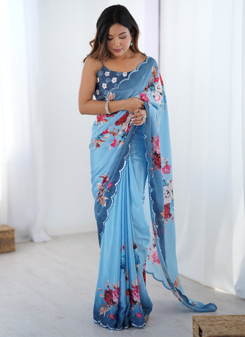 Vegaa Fashion Sky Blue Chinon Silk Print Work With Mirror Work Border Designer Saree | Grocsy