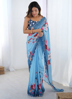 Vegaa Fashion Sky Blue Chinon Silk Print Work With Mirror Work Border Designer Saree | Grocsy