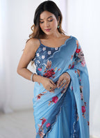 Vegaa Fashion Sky Blue Chinon Silk Print Work With Mirror Work Border Designer Saree | Grocsy