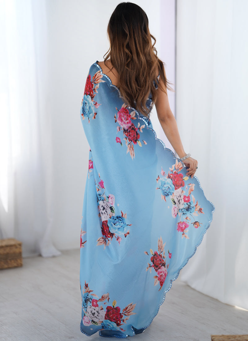 Vegaa Fashion Sky Blue Chinon Silk Print Work With Mirror Work Border Designer Saree | Grocsy