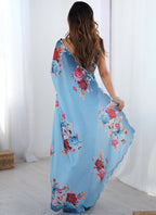 Vegaa Fashion Sky Blue Chinon Silk Print Work With Mirror Work Border Designer Saree | Grocsy