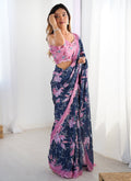 Vegaa Fashion Blue Chinon Silk Print Work With Mirror Work Border Designer Saree | Grocsy