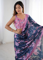 Vegaa Fashion Blue Chinon Silk Print Work With Mirror Work Border Designer Saree | Grocsy