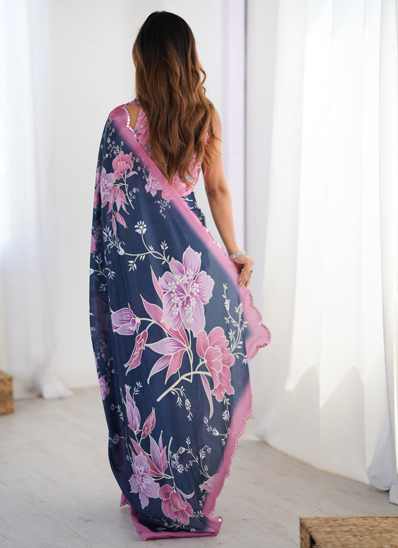 Vegaa Fashion Blue Chinon Silk Print Work With Mirror Work Border Designer Saree | Grocsy
