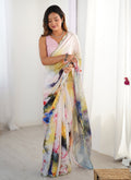 Vegaa Fashion Off White Sky Blue Chinon Silk Print Work With Mirror Work Border Designer Saree | Grocsy