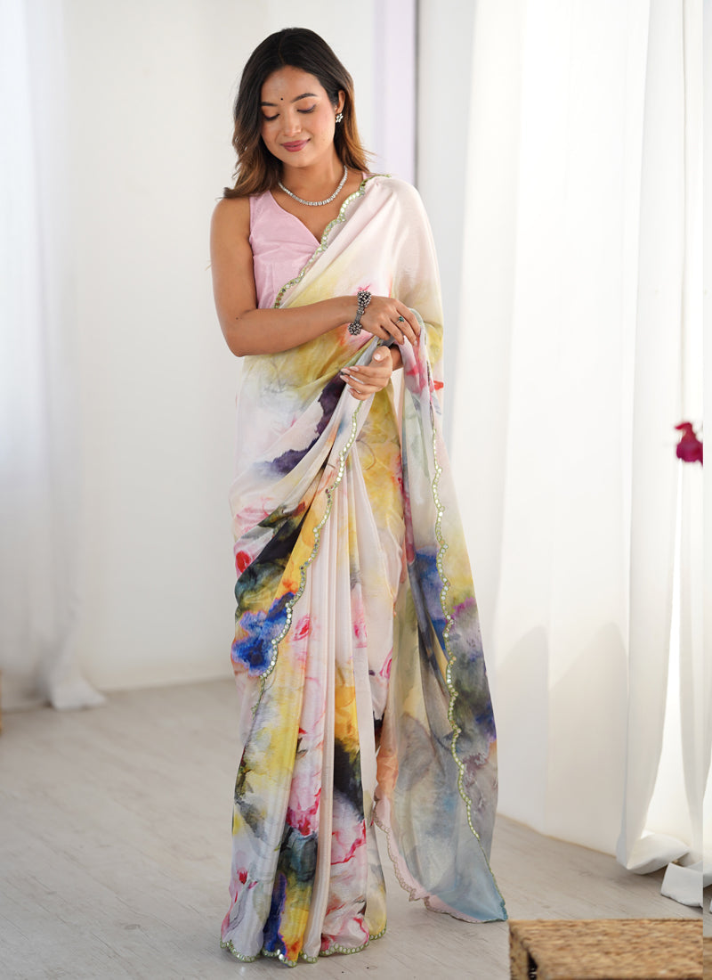 Vegaa Fashion Off White Sky Blue Chinon Silk Print Work With Mirror Work Border Designer Saree | Grocsy