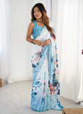 Vegaa Fashion Sky Blue Chinon Silk Print Work With Mirror Work Border Designer Saree | Grocsy