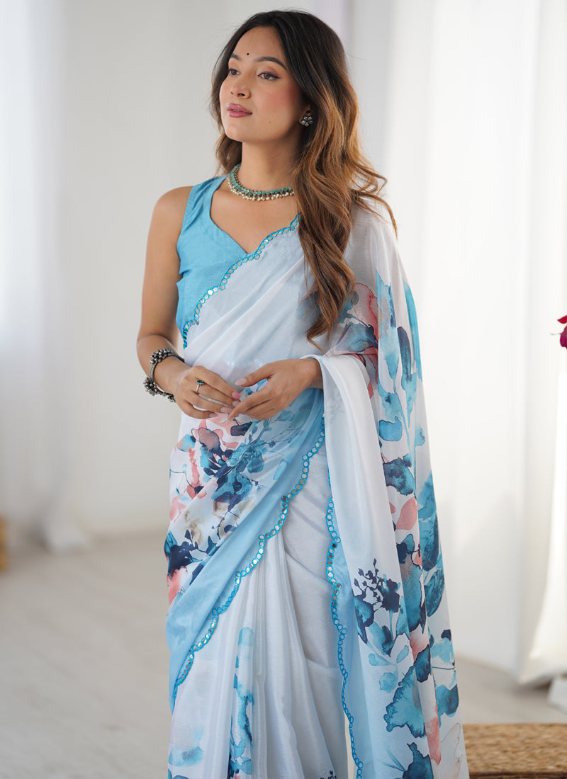 Vegaa Fashion Sky Blue Chinon Silk Print Work With Mirror Work Border Designer Saree | Grocsy