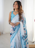 Vegaa Fashion Sky Blue Chinon Silk Print Work With Mirror Work Border Designer Saree | Grocsy