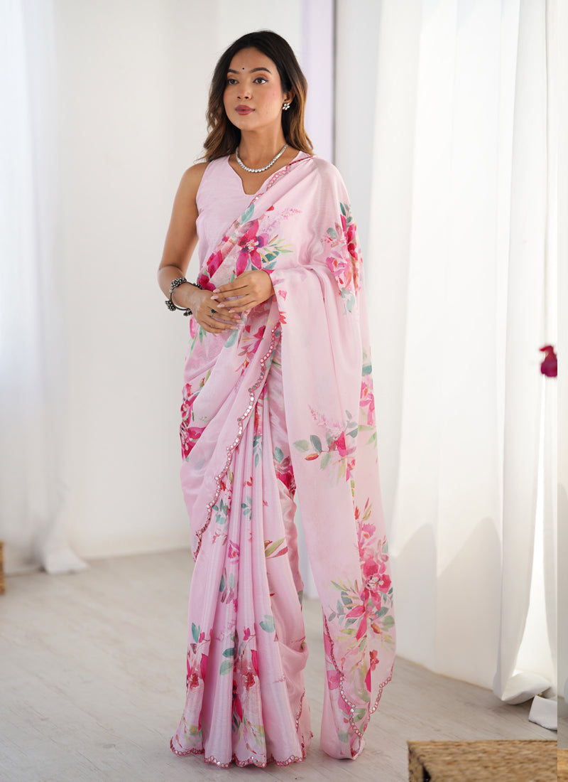 Vegaa Fashion Baby Pink Chinon Silk Print Work With Mirror Work Border Designer Saree | Grocsy