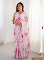 Vegaa Fashion Baby Pink Chinon Silk Print Work With Mirror Work Border Designer Saree | Grocsy