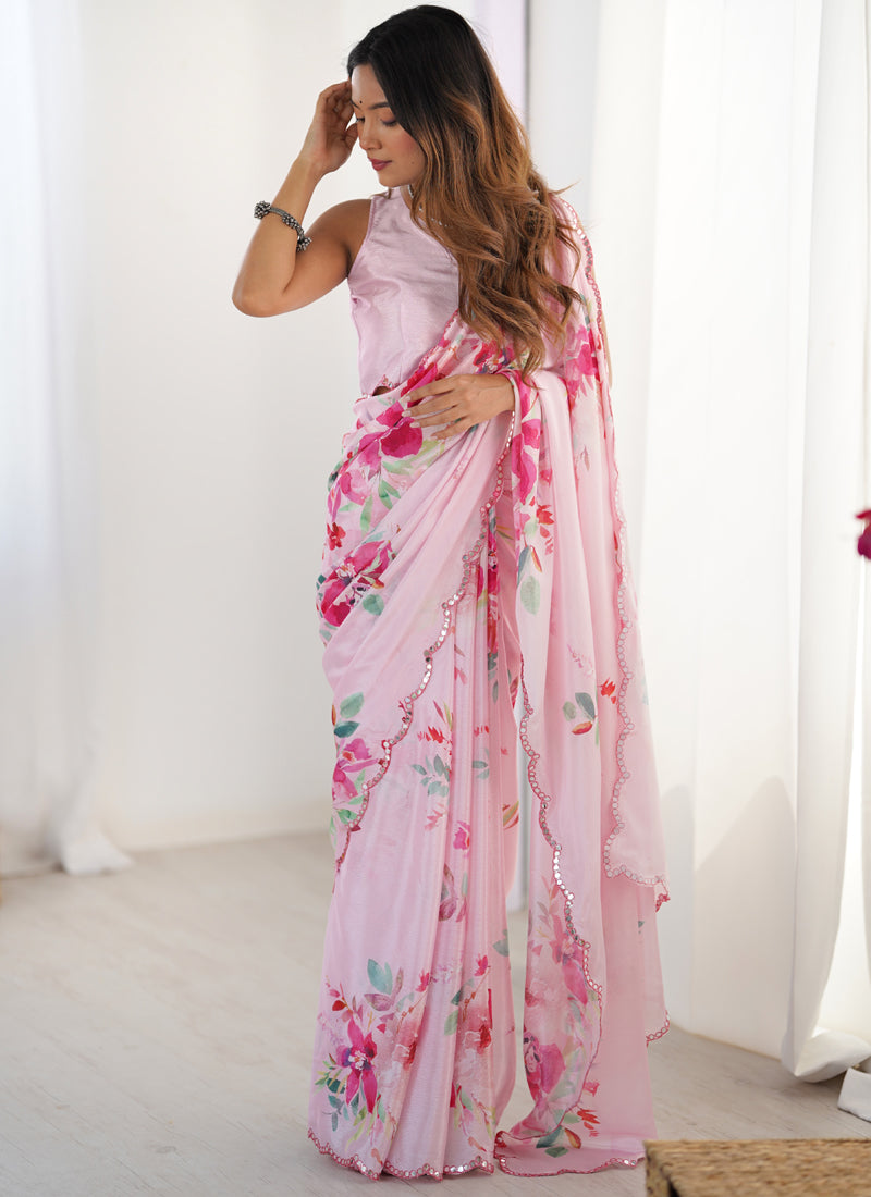 Vegaa Fashion Baby Pink Chinon Silk Print Work With Mirror Work Border Designer Saree | Grocsy