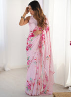 Vegaa Fashion Baby Pink Chinon Silk Print Work With Mirror Work Border Designer Saree | Grocsy