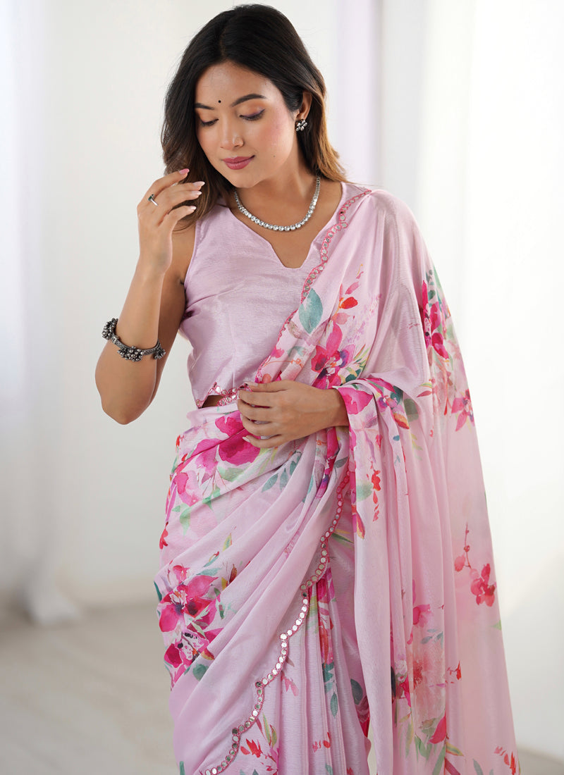 Vegaa Fashion Baby Pink Chinon Silk Print Work With Mirror Work Border Designer Saree | Grocsy