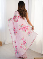 Vegaa Fashion Baby Pink Chinon Silk Print Work With Mirror Work Border Designer Saree | Grocsy