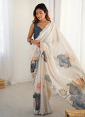 Vegaa Fashion Off White Sky Blue Chinon Silk Print Work With Mirror Work Border Designer Saree | Grocsy