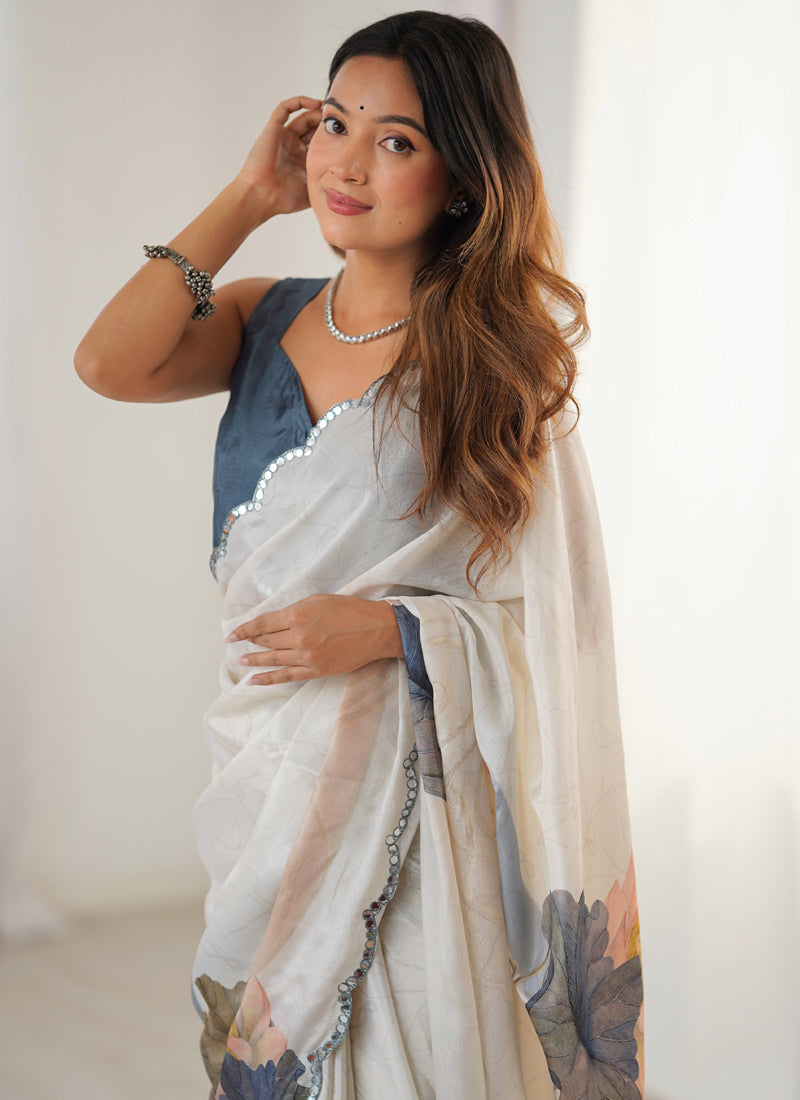 Vegaa Fashion Off White Sky Blue Chinon Silk Print Work With Mirror Work Border Designer Saree | Grocsy