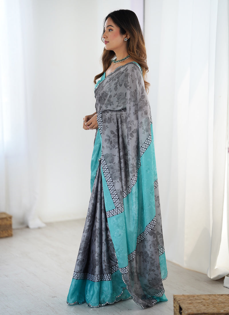 Vegaa Fashion Grey Chinon Silk Print Work With Mirror Work Border Designer Saree | Grocsy