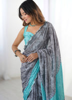Vegaa Fashion Grey Chinon Silk Print Work With Mirror Work Border Designer Saree | Grocsy
