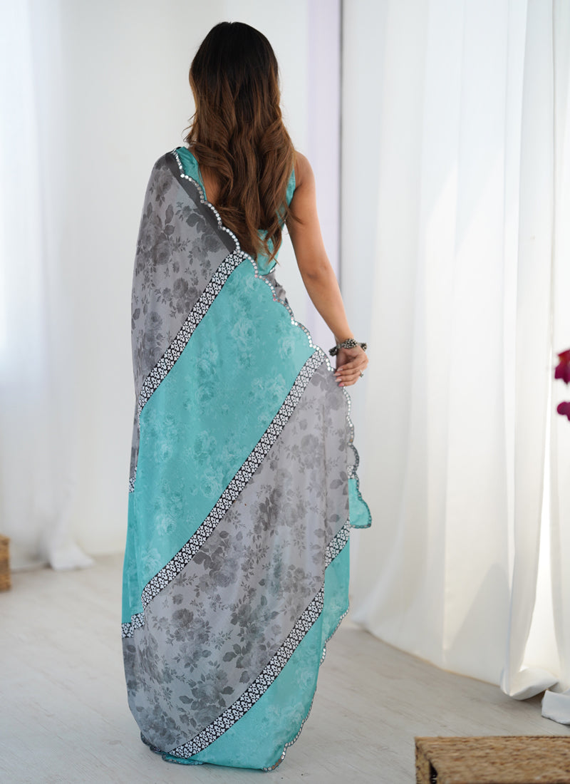 Vegaa Fashion Grey Chinon Silk Print Work With Mirror Work Border Designer Saree | Grocsy