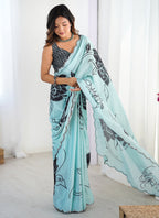 Vegaa Fashion Sky Blue Chinon Silk Print Work With Mirror Work Border Designer Saree | Grocsy