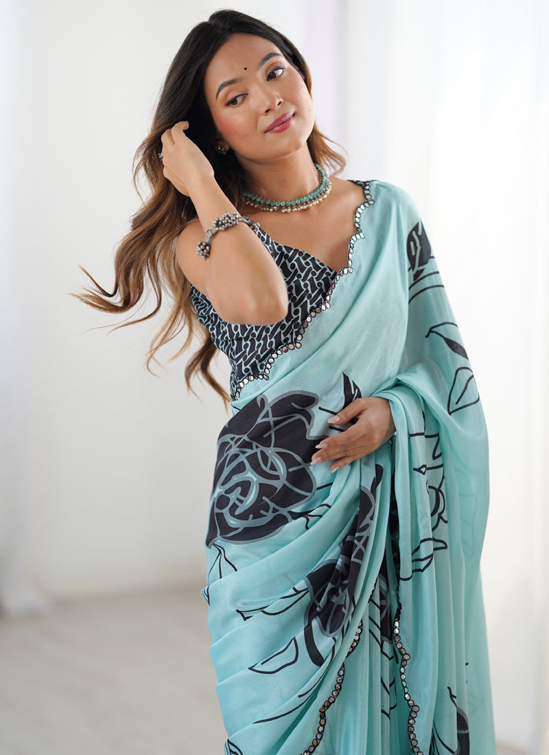 Vegaa Fashion Sky Blue Chinon Silk Print Work With Mirror Work Border Designer Saree | Grocsy