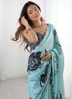 Vegaa Fashion Sky Blue Chinon Silk Print Work With Mirror Work Border Designer Saree | Grocsy