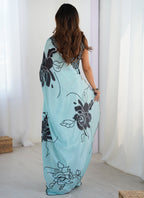 Vegaa Fashion Sky Blue Chinon Silk Print Work With Mirror Work Border Designer Saree | Grocsy