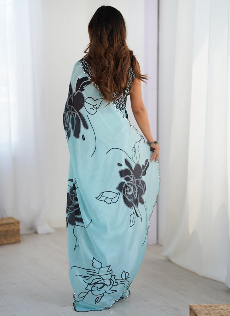Vegaa Fashion Sky Blue Chinon Silk Print Work With Mirror Work Border Designer Saree | Grocsy