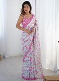 Vegaa Fashion Off White Chinon Silk Print Work With Mirror Work Border Designer Saree | Grocsy