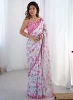 Vegaa Fashion Off White Chinon Silk Print Work With Mirror Work Border Designer Saree | Grocsy