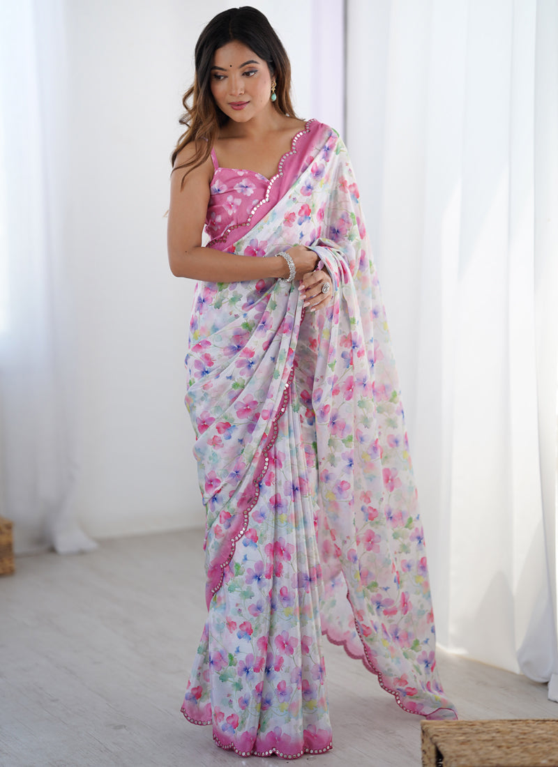 Vegaa Fashion Off White Chinon Silk Print Work With Mirror Work Border Designer Saree | Grocsy